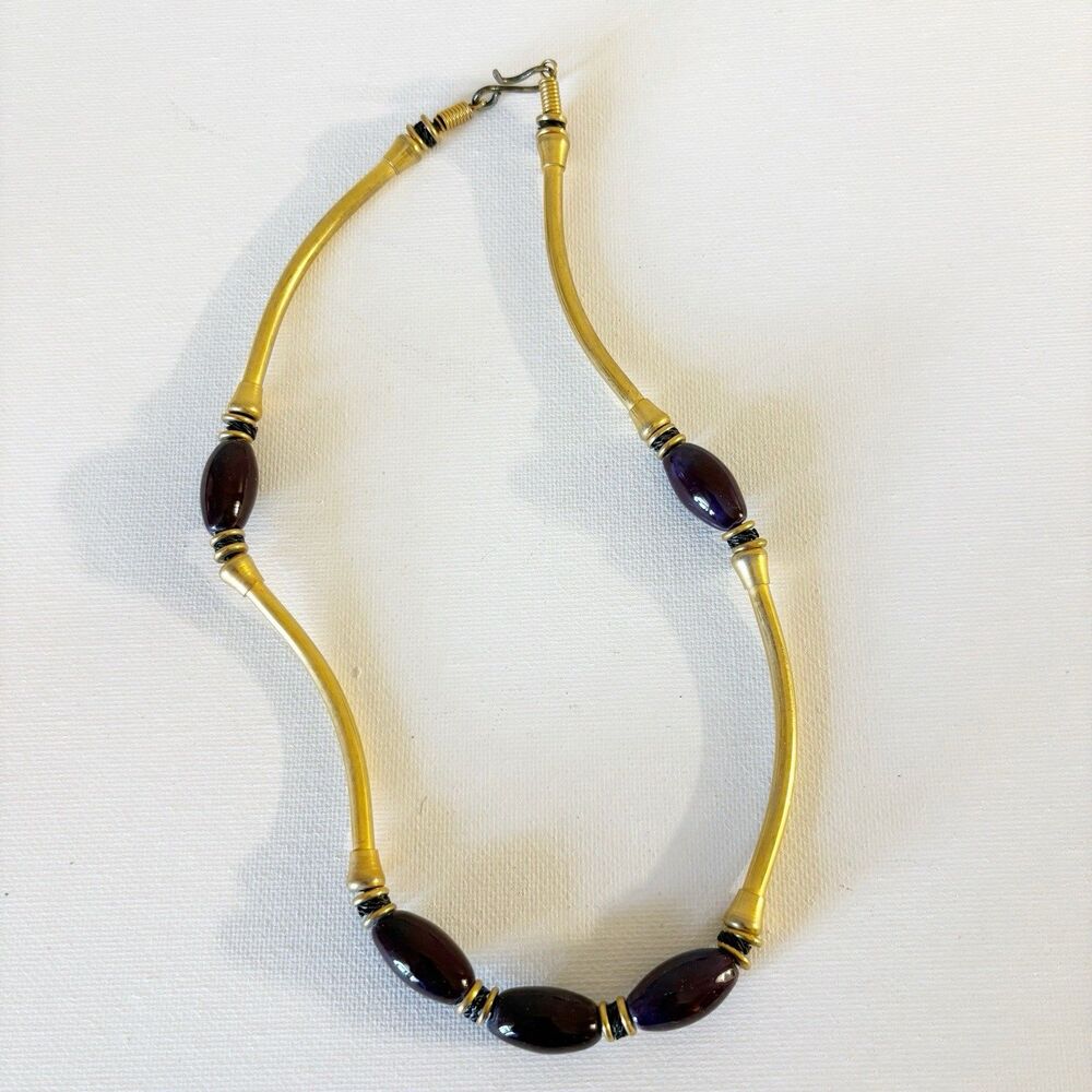 Tube Necklace Gold Tone Dark Purple Beads 90s BOHO Artsy Chunky Jewelry